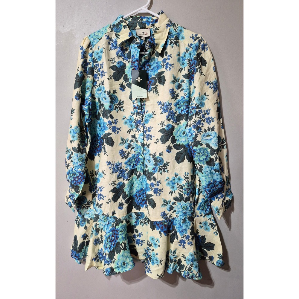 Tuckernuck Zinnia Callahan Blue Floral Linen Shirt Dress Botanical Long Sleeve S